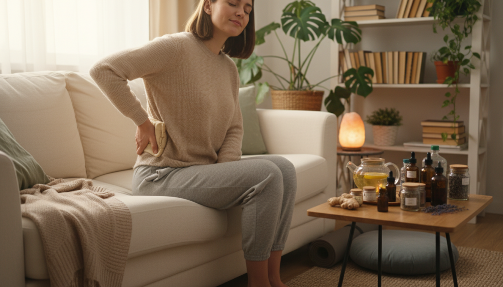 A serene domestic setting with a person applying a hot compress on their lower back while sitting on a comfortable couch, representing warmth for pain relief. In the foreground, the individual, dressed in casual but modest clothing, looks relaxed and relieved. In the middle ground, a small table holds various natural remedies, like herbal teas and essential oils, symbolizing alternative approaches to pain relief. The background features a cozy living room with soft lighting, plants, and a bookshelf, evoking a sense of tranquility and comfort. The natural light filtering through a window creates a warm atmosphere, enhancing the scene's peacefulness and inviting a sense of hope and healing. A serene domestic setting with a person applying a hot compress on their lower back while sitting on a comfortable couch, representing warmth for pain relief. In the foreground, the individual, dressed in casual but modest clothing, looks relaxed and relieved. In the middle ground, a small table holds various natural remedies, like herbal teas and essential oils, symbolizing alternative approaches to pain relief. The background features a cozy living room with soft lighting, plants, and a bookshelf, evoking a sense of tranquility and comfort. The natural light filtering through a window creates a warm atmosphere, enhancing the scene's peacefulness and inviting a sense of hope and healing.