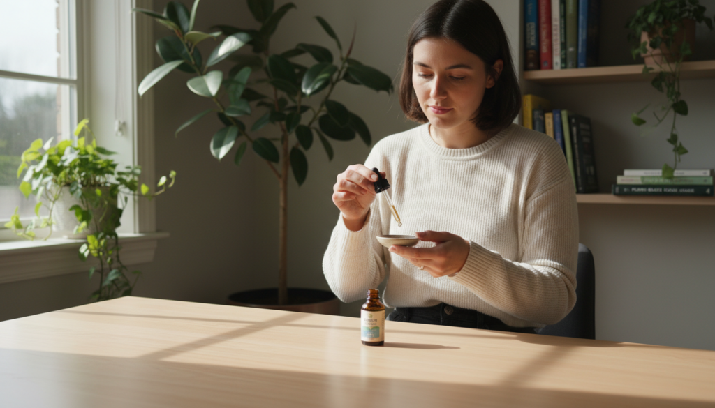 A serene home office setting with a clear, wooden desk in the foreground, featuring a small bottle of CBD oil alongside a dropper. A person in modest casual attire, calmly measuring the oil into a spoon, exudes a sense of tranquility and focus. Soft, natural light filters through a nearby window, casting gentle shadows that enhance the cozy atmosphere. In the background, various potted plants and a shelf filled with wellness books create an inviting environment. The composition should emphasize the theme of health and natural remedies, with an overall mood of relaxation and everyday life, avoiding any studio-like artificiality. The image captures a moment of mindful self-care, reflecting the proper use and dosage of CBD oil. A serene home office setting with a clear, wooden desk in the foreground, featuring a small bottle of CBD oil alongside a dropper. A person in modest casual attire, calmly measuring the oil into a spoon, exudes a sense of tranquility and focus. Soft, natural light filters through a nearby window, casting gentle shadows that enhance the cozy atmosphere. In the background, various potted plants and a shelf filled with wellness books create an inviting environment. The composition should emphasize the theme of health and natural remedies, with an overall mood of relaxation and everyday life, avoiding any studio-like artificiality. The image captures a moment of mindful self-care, reflecting the proper use and dosage of CBD oil.