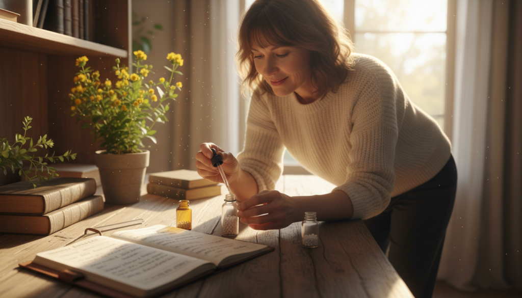 A serene home office setting with a rustic wooden desk, where a middle-aged woman in a professional yet casual outfit is carefully measuring dosages of homeopathic globuli. In the foreground, a close-up view highlights a dropper, a small vial of globuli, and a recipe notebook with detailed dosage instructions. The middle ground features a soft-focus shelf with herbal books and a potted Hypericum plant, subtly tying in the subject of the article. The background reveals a window with natural light streaming in, accentuating the peaceful, therapeutic atmosphere. The scene is warm and inviting, evoking a sense of trust and wellness as the woman thoughtfully engages in the process of preparing natural remedies. A serene home office setting with a rustic wooden desk, where a middle-aged woman in a professional yet casual outfit is carefully measuring dosages of homeopathic globuli. In the foreground, a close-up view highlights a dropper, a small vial of globuli, and a recipe notebook with detailed dosage instructions. The middle ground features a soft-focus shelf with herbal books and a potted Hypericum plant, subtly tying in the subject of the article. The background reveals a window with natural light streaming in, accentuating the peaceful, therapeutic atmosphere. The scene is warm and inviting, evoking a sense of trust and wellness as the woman thoughtfully engages in the process of preparing natural remedies.