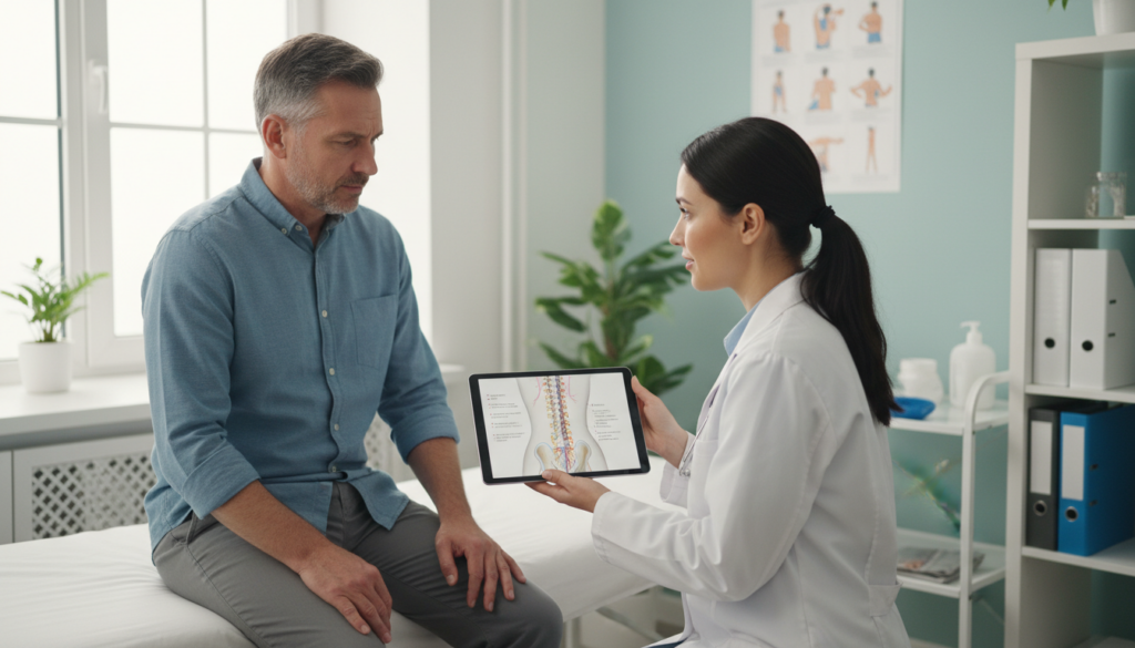 A serene indoor medical consultation scene, featuring a middle-aged person of European descent experiencing sciatica discomfort while sitting on an examination table. The individual, dressed in modest attire, is attentively discussing their symptoms with a healthcare professional in a lab coat. The doctor, a woman with dark hair tied back, is looking empathetically at the patient, holding a tablet displaying an anatomical diagram of the spine. Soft, natural light streams through a window, creating a warm and inviting atmosphere. The background shows subtle medical equipment and charts related to sciatica, enhancing the professional setting without overwhelming the viewer. The image captures a moment of concern and care, conveying the importance of seeking medical advice for health issues. A serene indoor medical consultation scene, featuring a middle-aged person of European descent experiencing sciatica discomfort while sitting on an examination table. The individual, dressed in modest attire, is attentively discussing their symptoms with a healthcare professional in a lab coat. The doctor, a woman with dark hair tied back, is looking empathetically at the patient, holding a tablet displaying an anatomical diagram of the spine. Soft, natural light streams through a window, creating a warm and inviting atmosphere. The background shows subtle medical equipment and charts related to sciatica, enhancing the professional setting without overwhelming the viewer. The image captures a moment of concern and care, conveying the importance of seeking medical advice for health issues.