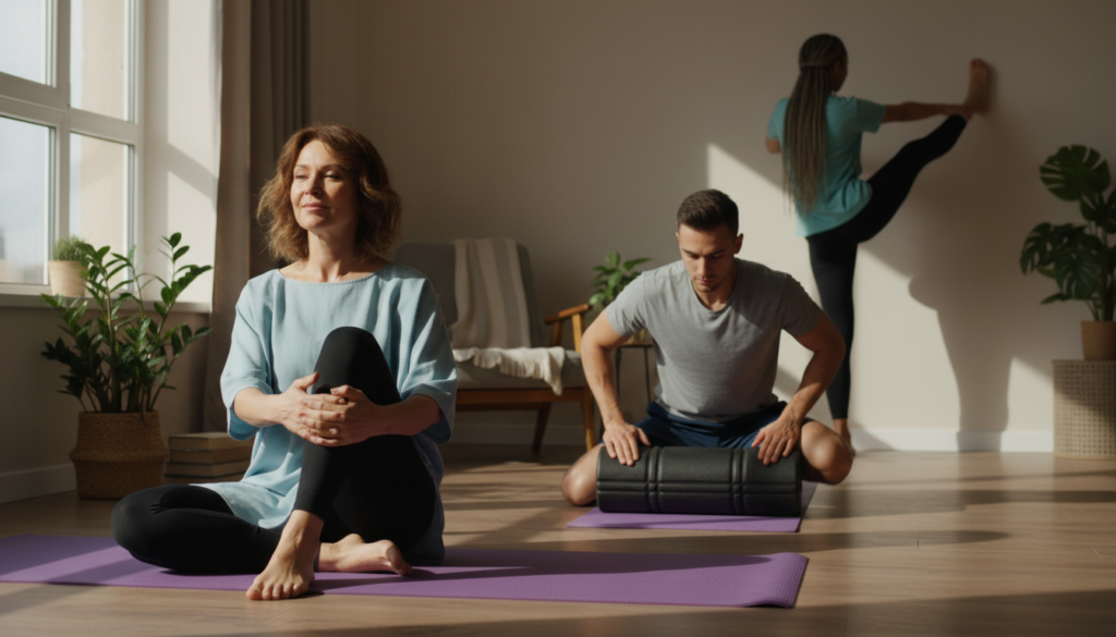 A serene indoor setting focusing on three individuals demonstrating effective exercises for sciatic nerve relief. In the foreground, a middle-aged woman in modest, casual clothing performs a gentle stretching exercise on a yoga mat, showcasing a relaxed posture. In the center, a young man utilizes a foam roller against his back, emphasizing proper form and technique. In the background, another person lightly stretches their legs against a wall, creating a sense of continuity in their movements. Natural light filters through a nearby window, casting soft shadows and enhancing the calm atmosphere of the room. The mood is tranquil and focused, embodying a routine aimed at nerve relaxation, typical of a cozy home or community wellness space. A serene indoor setting focusing on three individuals demonstrating effective exercises for sciatic nerve relief. In the foreground, a middle-aged woman in modest, casual clothing performs a gentle stretching exercise on a yoga mat, showcasing a relaxed posture. In the center, a young man utilizes a foam roller against his back, emphasizing proper form and technique. In the background, another person lightly stretches their legs against a wall, creating a sense of continuity in their movements. Natural light filters through a nearby window, casting soft shadows and enhancing the calm atmosphere of the room. The mood is tranquil and focused, embodying a routine aimed at nerve relaxation, typical of a cozy home or community wellness space.