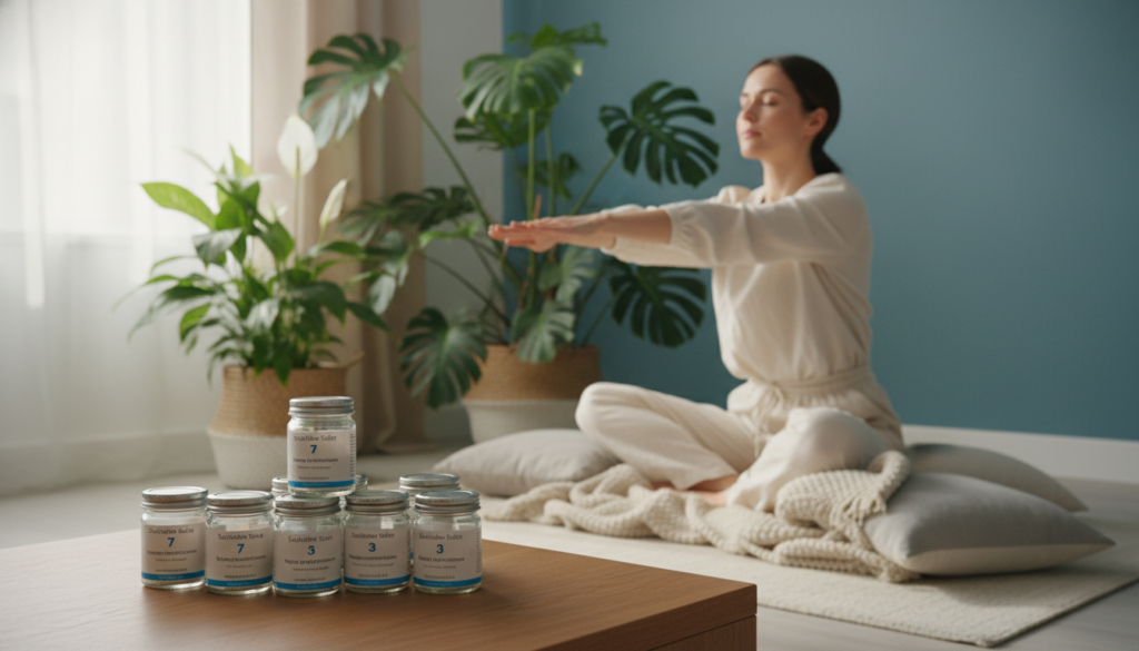 A serene indoor setting showcasing a calming atmosphere related to muscle relaxation and health. In the foreground, several small containers of Schüßler Salze, elegantly arranged, with their labels visible yet not intrusive. In the middle, a person, dressed in a comfortable yet professional outfit, gently practicing muscle relaxation techniques, such as stretching or meditative poses. They exhibit a peaceful expression, reflecting the soothing effects of the salts. The background features soft natural light filtering through a window, illuminating green indoor plants and a cozy, inviting environment. The overall mood is tranquil and restorative, emphasizing wellness and the natural healing properties associated with Schüßler Salze for muscular complaints. A serene indoor setting showcasing a calming atmosphere related to muscle relaxation and health. In the foreground, several small containers of Schüßler Salze, elegantly arranged, with their labels visible yet not intrusive. In the middle, a person, dressed in a comfortable yet professional outfit, gently practicing muscle relaxation techniques, such as stretching or meditative poses. They exhibit a peaceful expression, reflecting the soothing effects of the salts. The background features soft natural light filtering through a window, illuminating green indoor plants and a cozy, inviting environment. The overall mood is tranquil and restorative, emphasizing wellness and the natural healing properties associated with Schüßler Salze for muscular complaints.