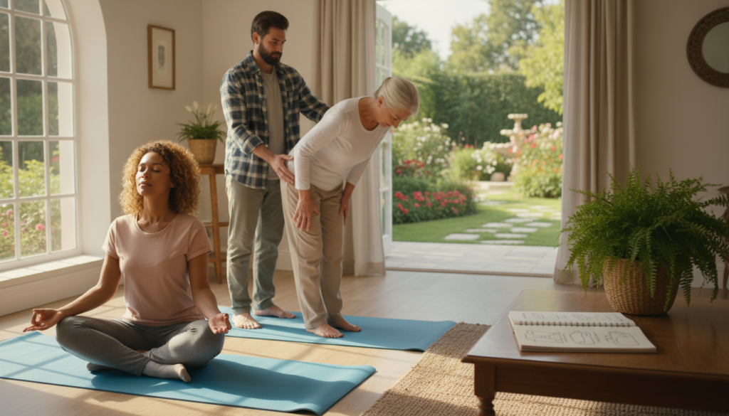 A serene, inviting home setting showcasing practical tips for alleviating movement pain associated with sciatica. In the foreground, a diverse group of three people in modest casual clothing are demonstrating gentle stretching exercises on yoga mats. One is seated with legs crossed, focusing on deep breathing, while another supports a person who is standing and stretching their back, all set within a cozy living room with warm, natural light filtering through a large window. In the middle ground, incorporate a small table with a potted plant and a notebook featuring simple illustrations of stretching techniques. The background should hint at a tranquil garden visible through the window, enhancing the calm atmosphere. The image evokes a sense of peace and wellness, encouraging viewers to explore practical solutions for pain relief. A serene, inviting home setting showcasing practical tips for alleviating movement pain associated with sciatica. In the foreground, a diverse group of three people in modest casual clothing are demonstrating gentle stretching exercises on yoga mats. One is seated with legs crossed, focusing on deep breathing, while another supports a person who is standing and stretching their back, all set within a cozy living room with warm, natural light filtering through a large window. In the middle ground, incorporate a small table with a potted plant and a notebook featuring simple illustrations of stretching techniques. The background should hint at a tranquil garden visible through the window, enhancing the calm atmosphere. The image evokes a sense of peace and wellness, encouraging viewers to explore practical solutions for pain relief.