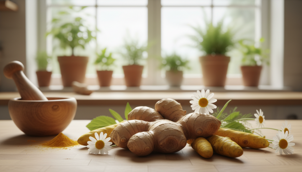 A tranquil kitchen countertop featuring a tasteful arrangement of natural remedies for nerve pain relief, specifically emphasizing ginger root as the central element, showcasing its vibrant, textured skin. Surrounding the ginger are sprigs of fresh turmeric and chamomile flowers, harmonizing in earthy tones. In the background, soft greenery and a window allow natural light to flood the scene, creating a warm, inviting atmosphere. A wooden mortar and pestle, lightly dusted with spices, sits nearby, hinting at the preparation of herbal concoctions. The setting conveys a sense of serenity and wellness, with organic materials and a cozy, homely feel. Focus the shot with a shallow depth of field to highlight the natural elements, while maintaining a realistic and everyday vibe without any glossy or artificial finishes. A tranquil kitchen countertop featuring a tasteful arrangement of natural remedies for nerve pain relief, specifically emphasizing ginger root as the central element, showcasing its vibrant, textured skin. Surrounding the ginger are sprigs of fresh turmeric and chamomile flowers, harmonizing in earthy tones. In the background, soft greenery and a window allow natural light to flood the scene, creating a warm, inviting atmosphere. A wooden mortar and pestle, lightly dusted with spices, sits nearby, hinting at the preparation of herbal concoctions. The setting conveys a sense of serenity and wellness, with organic materials and a cozy, homely feel. Focus the shot with a shallow depth of field to highlight the natural elements, while maintaining a realistic and everyday vibe without any glossy or artificial finishes.
