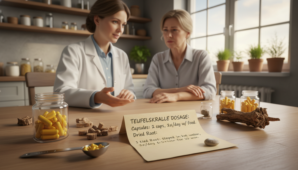 An intricately arranged scene showcasing the application and dosage of Teufelskralle in a natural, everyday setting. In the foreground, a wooden table displays a variety of Teufelskralle capsules and dried root, alongside a measuring spoon for dosage. A handwritten note nearby provides dosage guidelines in an organized manner. The middle ground features a caring individual, dressed in professional attire, thoughtfully explaining the use of Teufelskralle to a middle-aged person with a concerned expression. In the background, a well-lit kitchen with soft, natural light filtering through the window creates a warm and inviting atmosphere. The overall mood conveys trust and professionalism, capturing the essence of homeopathic remedies. The composition is framed with a slight focus on the herbal products, highlighting their importance. An intricately arranged scene showcasing the application and dosage of Teufelskralle in a natural, everyday setting. In the foreground, a wooden table displays a variety of Teufelskralle capsules and dried root, alongside a measuring spoon for dosage. A handwritten note nearby provides dosage guidelines in an organized manner. The middle ground features a caring individual, dressed in professional attire, thoughtfully explaining the use of Teufelskralle to a middle-aged person with a concerned expression. In the background, a well-lit kitchen with soft, natural light filtering through the window creates a warm and inviting atmosphere. The overall mood conveys trust and professionalism, capturing the essence of homeopathic remedies. The composition is framed with a slight focus on the herbal products, highlighting their importance.