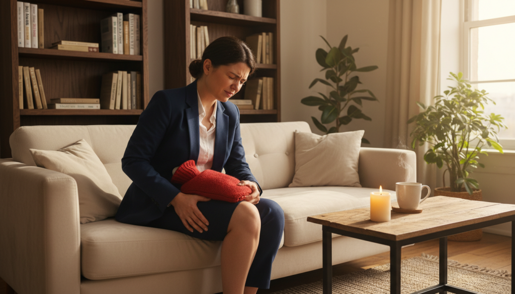 A realistic scene depicting a person experiencing front sciatic nerve pain while sitting on a comfortable couch in a cozy living room. The individual is dressed in professional business attire, gently massaging their thigh with a pained expression, highlighting the discomfort. In the foreground, a hot water bottle and a small flickering candle provide relief, while in the middle, a warm sunlight streams through a window, casting soft shadows around the room. Bookshelves filled with health and wellness books are visible in the background, creating a sense of calm and focus on self-care. The atmosphere is warm and inviting, emphasizing the theme of immediate relief through practical measures. A realistic scene depicting a person experiencing front sciatic nerve pain while sitting on a comfortable couch in a cozy living room. The individual is dressed in professional business attire, gently massaging their thigh with a pained expression, highlighting the discomfort. In the foreground, a hot water bottle and a small flickering candle provide relief, while in the middle, a warm sunlight streams through a window, casting soft shadows around the room. Bookshelves filled with health and wellness books are visible in the background, creating a sense of calm and focus on self-care. The atmosphere is warm and inviting, emphasizing the theme of immediate relief through practical measures.