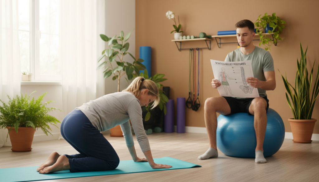 A serene indoor setting depicting a diverse group of three people engaged in posture correction exercises for sciatica relief. In the foreground, a middle-aged woman in practical, modest workout attire demonstrates a stretching technique on a yoga mat, focusing on her lower back and hips. In the middle, a young man with a focused expression sits on a stability ball, adjusting his posture while holding a demonstration poster showing spinal alignment. The background features a softly lit room with natural light streaming in through large windows, plants in the corners, and fitness equipment subtly placed. The atmosphere is calm and encouraging, promoting an environment for health and wellness. The lens captures the scene with a warm, inviting depth of field, ensuring an approachable, realistic feel. A serene indoor setting depicting a diverse group of three people engaged in posture correction exercises for sciatica relief. In the foreground, a middle-aged woman in practical, modest workout attire demonstrates a stretching technique on a yoga mat, focusing on her lower back and hips. In the middle, a young man with a focused expression sits on a stability ball, adjusting his posture while holding a demonstration poster showing spinal alignment. The background features a softly lit room with natural light streaming in through large windows, plants in the corners, and fitness equipment subtly placed. The atmosphere is calm and encouraging, promoting an environment for health and wellness. The lens captures the scene with a warm, inviting depth of field, ensuring an approachable, realistic feel.