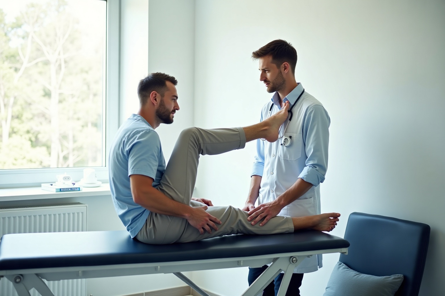 Neurologe führt Beinhebetest bei Ischias-Patient durch